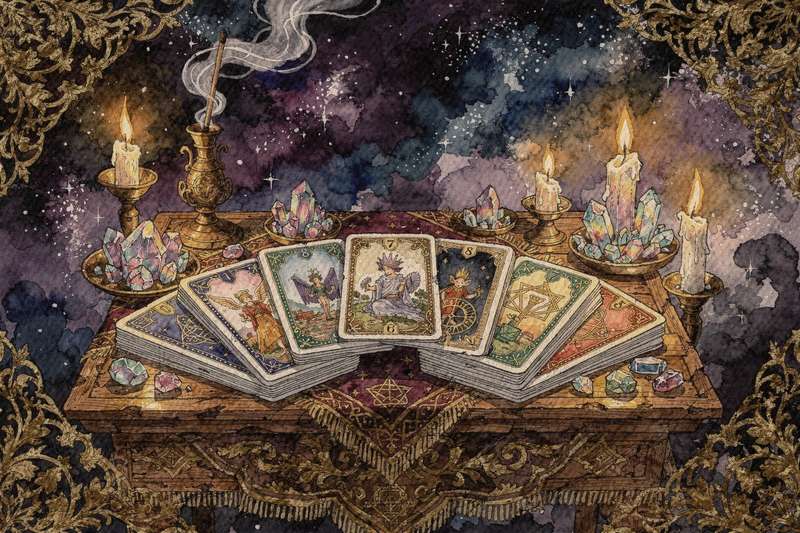 Cartas del tarot dispuestas en lectura sobre mesa de madera para orientación sobre desarrollo profesional.
