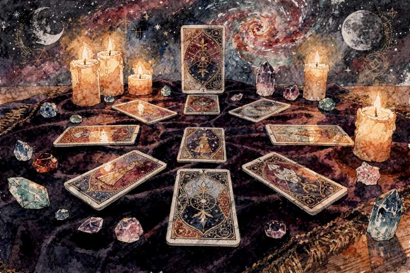Cartas del tarot dispuestas en patrón ritual para consultar sobre abundancia económica y prosperidad financiera.