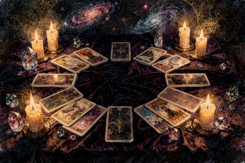 Disposición de siete cartas de tarot sobre una superficie oscura para realizar una tirada destinada a visualizar y atraer...