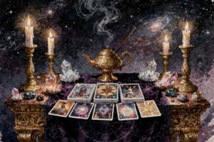 Mazo de tarot abierto sobre tela morada con siete cartas dispuestas en patrón de manifestación para alcanzar objetivos.