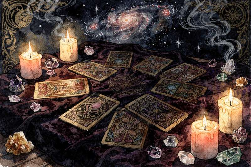 Cartas del tarot dispuestas en círculo para trabajar la manifestación de intenciones y alineación energética.