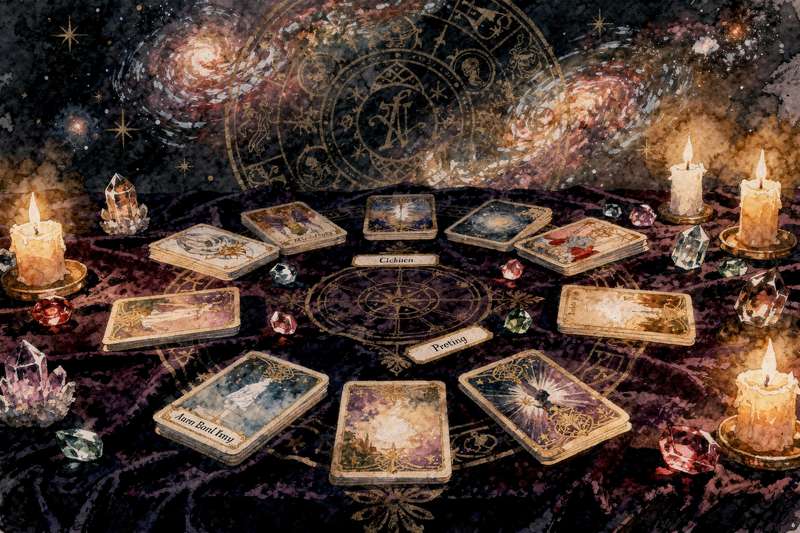 Disposición de siete cartas del tarot sobre una superficie oscura representando un proceso de liberación y transformación...
