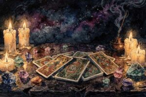 Representación simbólica de las siete cartas del tarot dispuestas en círculo para una tirada de liberación emocional.