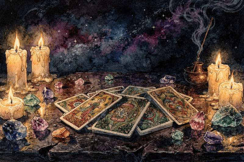 Representación simbólica de las siete cartas del tarot dispuestas en círculo para una tirada de liberación emocional.