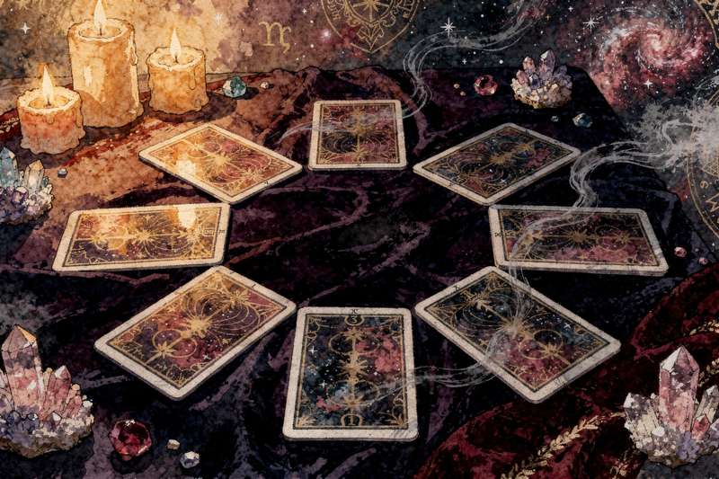 Nueve cartas del tarot dispuestas en círculo sobre tela morada para explorar el camino hacia el equilibrio emocional y la...
