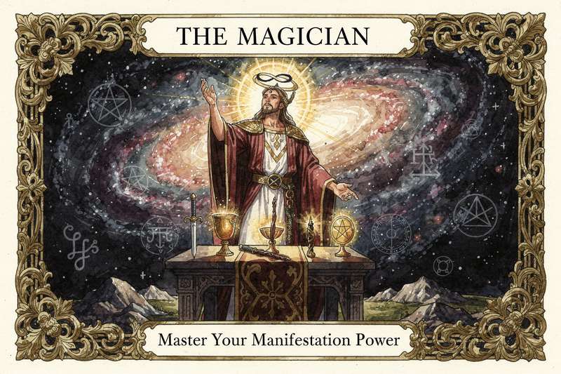 Carta del Mago en tarot mostrando a un personaje con vara levantada entre símbolos de los cuatro elementos y poder de...