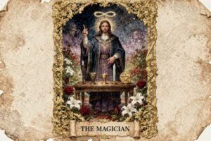 Arcano Mayor El Mago sosteniendo una varita sobre una mesa con símbolos esotéricos durante una tirada de tarot.