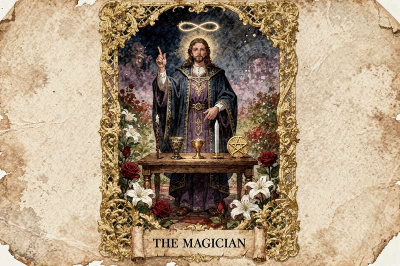 Arcano Mayor El Mago sosteniendo una varita sobre una mesa con símbolos esotéricos durante una tirada de tarot.