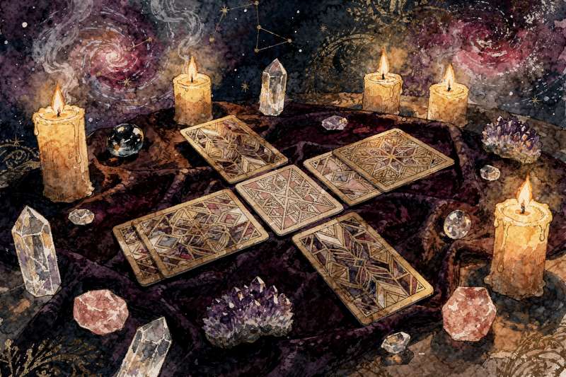 Disposición de cinco cartas de tarot distribuidas en diferentes patrones para interpretaciones profundas sobre relaciones...