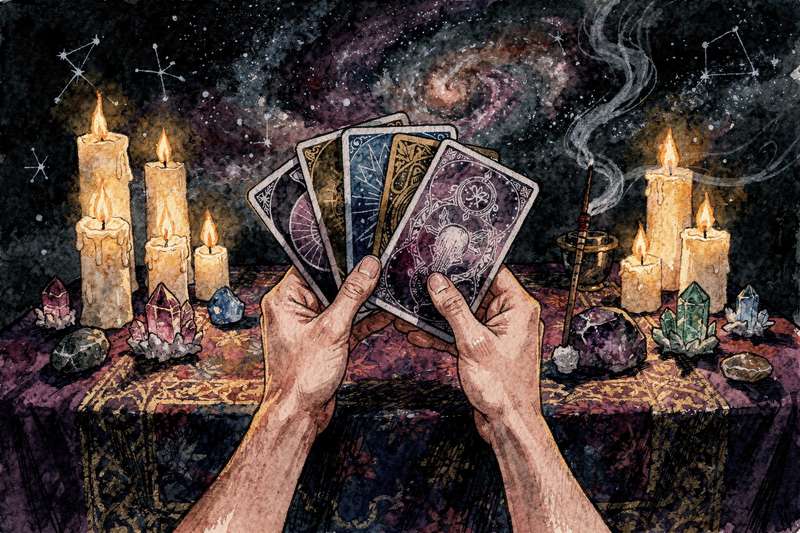 Baraja completa de cartas de oráculo desplegadas sobre una superficie con símbolos y mensajes inspiradores.