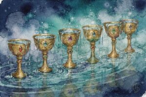 Colección completa de los catorce arcanos menores del palo de copas en el tarot tradicional.