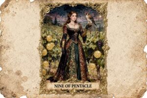 Carta del Nueve de Oros mostrando una figura envuelta en riqueza y prosperidad, rodeada de símbolos de éxito y bienestar material.