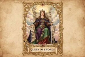 Reina de Espadas sosteniendo una espada con corona, símbolo de claridad mental y comunicación directa en las lecturas de tarot.