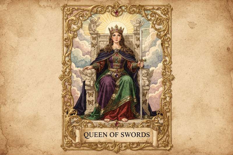 Reina de Espadas sosteniendo una espada con corona, símbolo de claridad mental y comunicación directa en las lecturas de tarot.