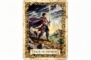 Joven mensajero con espada alzada simbolizando comunicación, curiosidad y verdades incómodas en las lecturas del tarot.