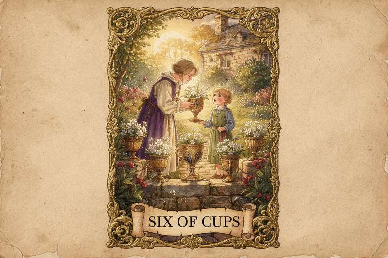 Niño ofrece una copa dorada a una niña en un jardín medieval, evocando recuerdos felices y momentos puros del pasado.