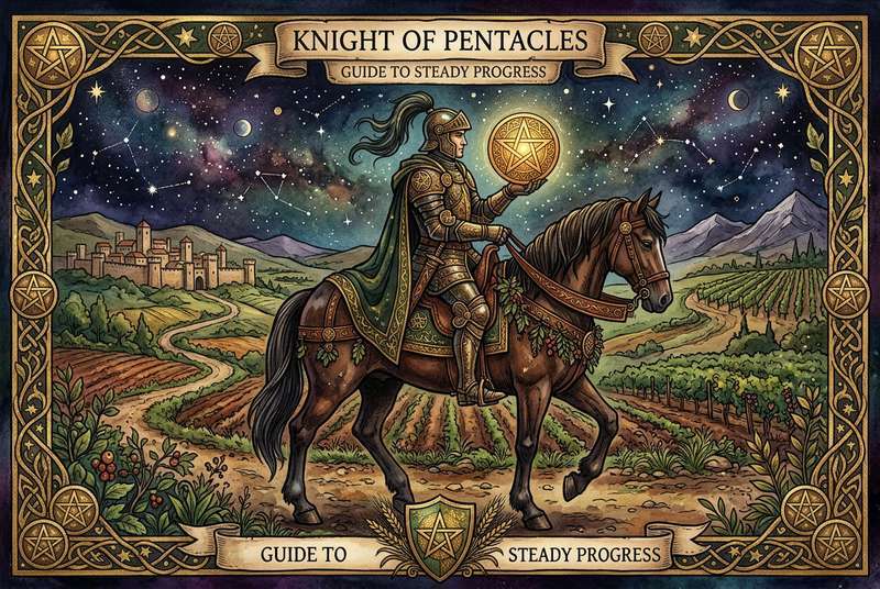 Hombre a caballo portando una moneda dorada, símbolo de estabilidad financiera y avance metodológico en la lectura del tarot.