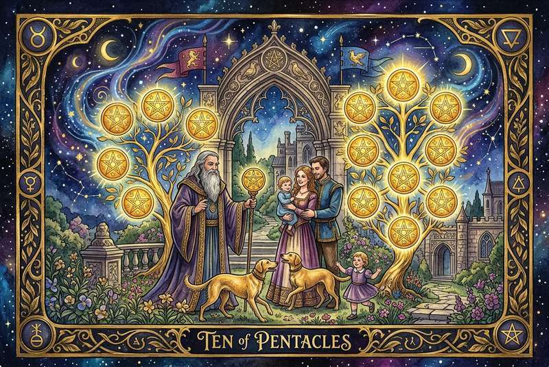 Representación simbólica del Diez de Oros mostrando la abundancia familiar, la herencia y la prosperidad económica en el tarot...