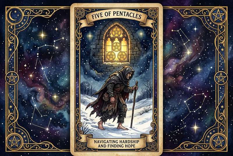 Carta del tarot Cinco de Pentáculos mostrando dos figuras en dificultad económica bajo una ventana iluminada.