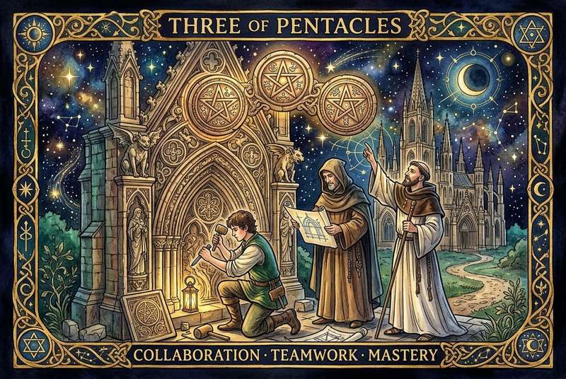 Tres artesanos colaborando en la construcción de una catedral, simbolizando el trabajo en equipo y la maestría profesional.