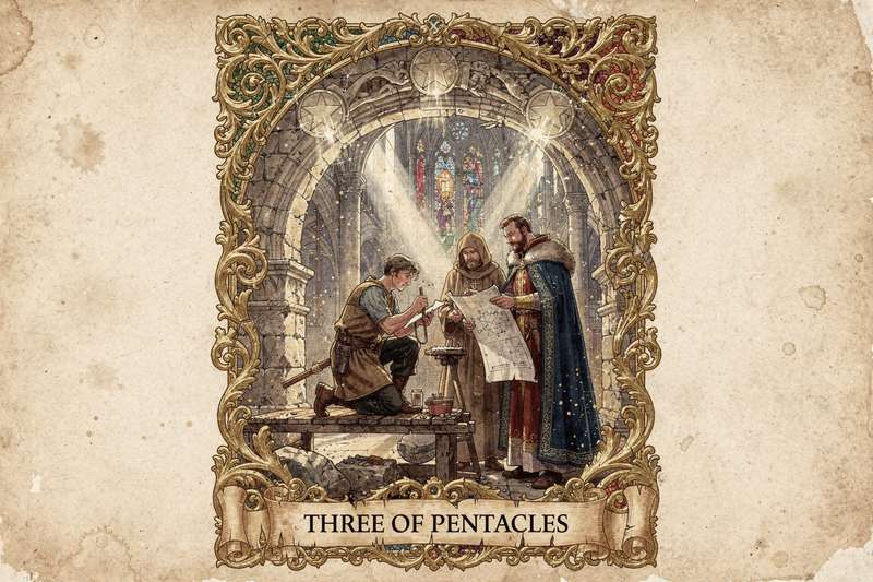Carta del Tarot Tres de Oros mostrando artesanos trabajando juntos en la construcción de una catedral medieval.