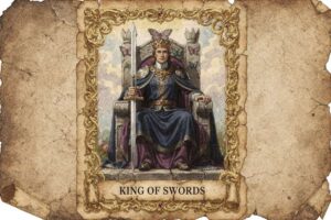 Carta del Rey de Espadas mostrando a un monarca con corona sosteniendo una espada hacia el cielo, simbolizando la verdad y el...