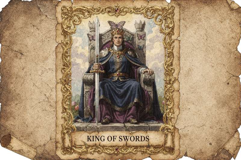 Carta del Rey de Espadas mostrando a un monarca con corona sosteniendo una espada hacia el cielo, simbolizando la verdad y el...