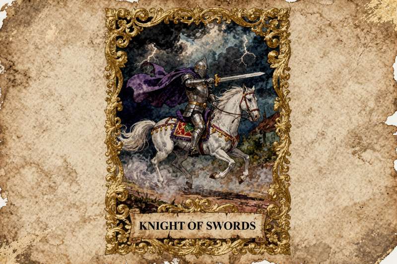 Figura de caballero armado montado a caballo en actitud de combate, representando la energía directa y confrontacional del tarot.