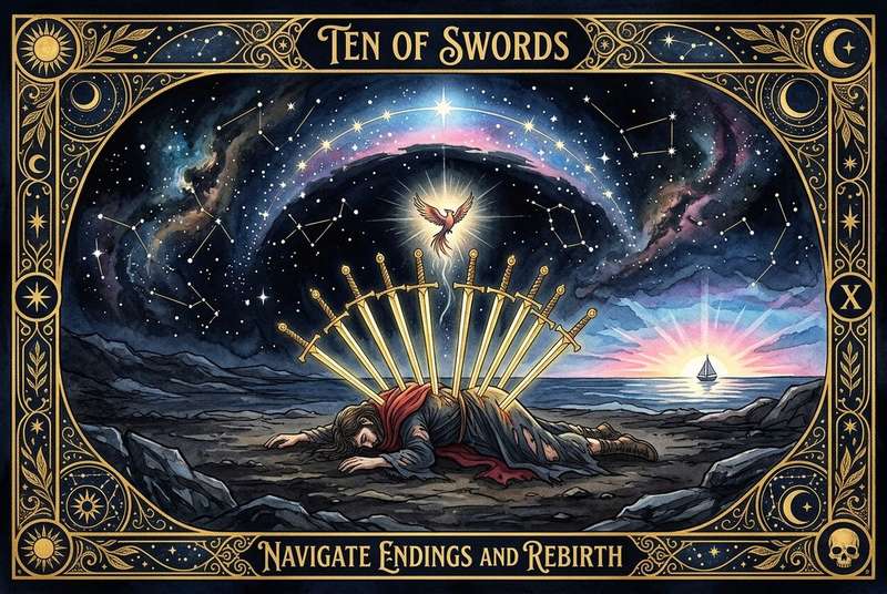 Carta del tarot Diez de Espadas mostrando la transición entre el sufrimiento y la esperanza de un nuevo comienzo.