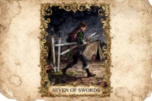 Carta del Siete de Espadas mostrando a una figura furtiva llevando espadas mientras se aleja sigilosamente bajo un cielo oscuro.
