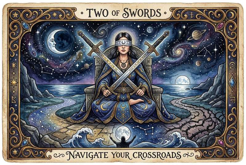 Dos de Espadas del tarot mostrando una figura con los ojos vendados ante dos caminos opuestos que representan la incertidumbre...