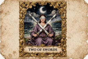 Dos figuras enfrentadas en la oscuridad sosteniendo espadas cruzadas sobre un fondo tormentoso y gris.