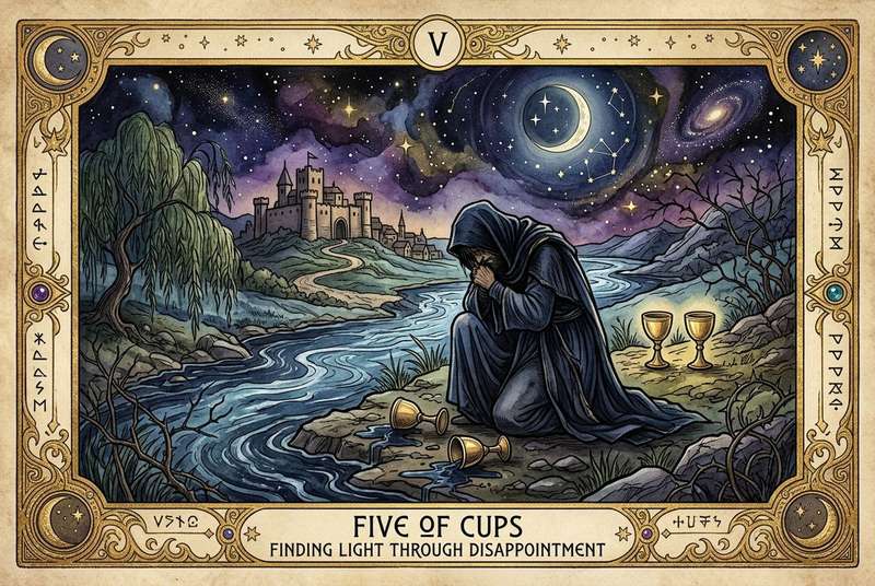Carta del Tarot Cinco de Copas mostrando una figura solitaria ante copas derramadas con un arcoíris de esperanza al fondo.