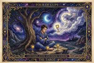 Figura meditativa rodeada de cuatro copas que simbolizan la reflexión espiritual y el autoconocimiento profundo en el tarot.