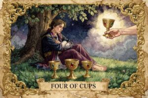 Cuatro de Copas del tarot mostrando figuras en actitud reflexiva alrededor de copas doradas.