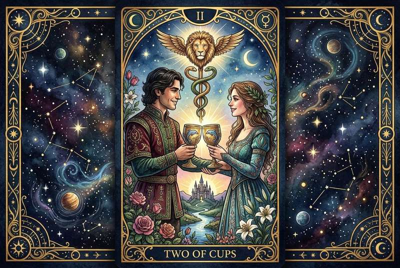 Carta del tarot dos de copas mostrando la unión y el vínculo emocional entre dos personas bajo una conexión divina.