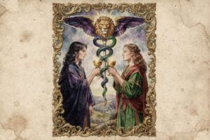 Dos figuras femeninas sosteniendo copas doradas en un encuentro de conexión y armonía espiritual.