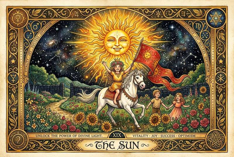 Representación del arcano mayor del Tarot que simboliza la iluminación, la felicidad y la energía vital positiva en las...