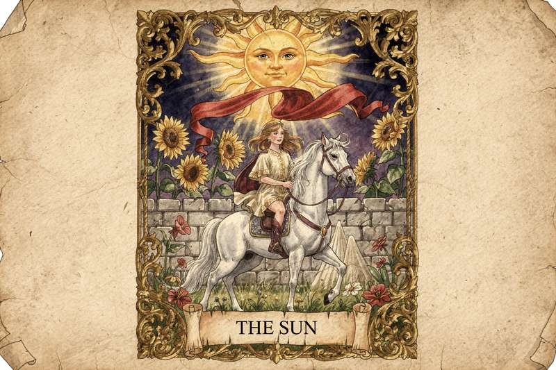 Carta del tarot El Sol mostrando un personaje radiante bajo un gran sol dorado brillante.