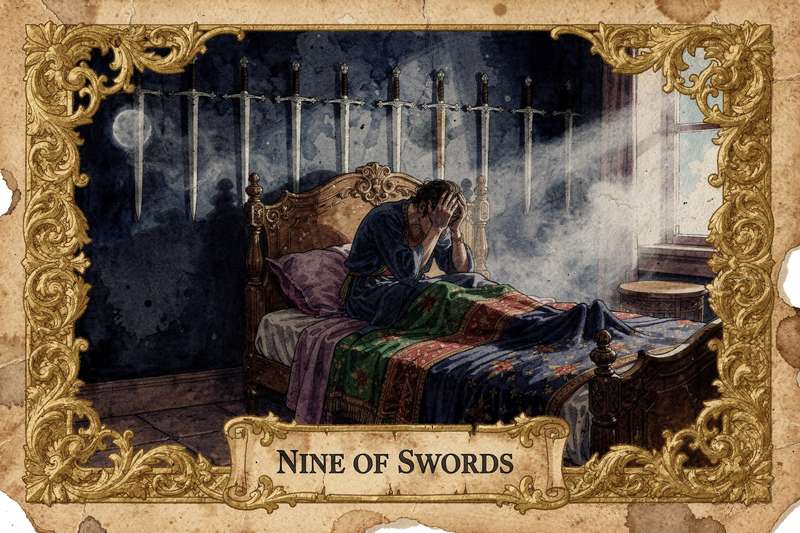 Representación del Nueve de Espadas mostrando una figura en la cama rodeada de nueve espadas flotantes, simbolizando angustia...