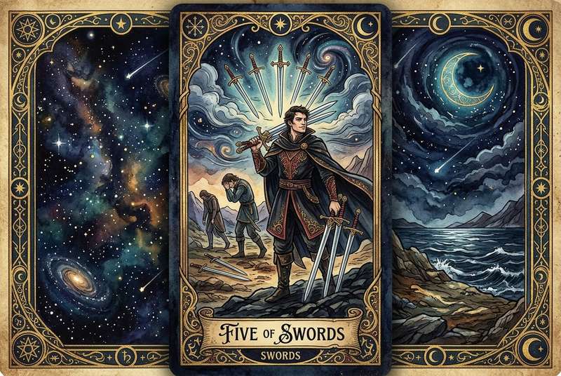 Carta del Tarot Cinco de Espadas mostrando confrontación y tensión entre figuras, símbolo de conflictos sin resolver y...