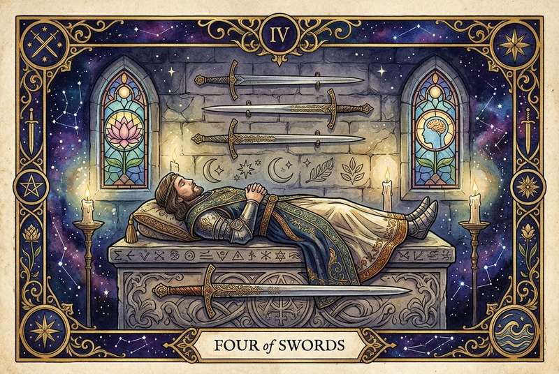 Descanso meditativo representado en una carta del tarot con figura recostada entre espadas que simbolizan pausa y recuperación...