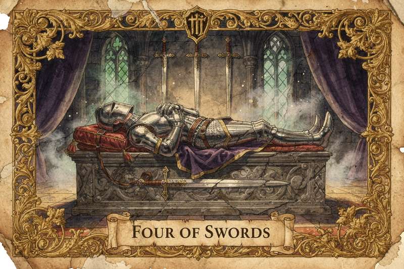 Representación del Cuatro de Espadas en una tirada de tarot mostrando descanso y pausa necesaria.