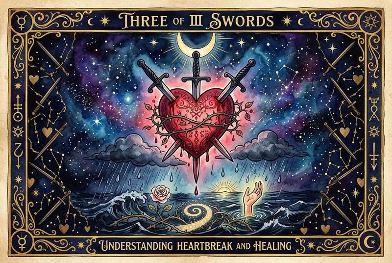 Tres de Espadas del tarot mostrando dolor emocional y proceso de sanación en una ilustración simbólica.