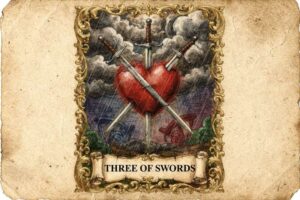 Representación simbólica del Tres de Espadas mostrando dolor, separación y los caminos hacia la reconciliación y sanación...