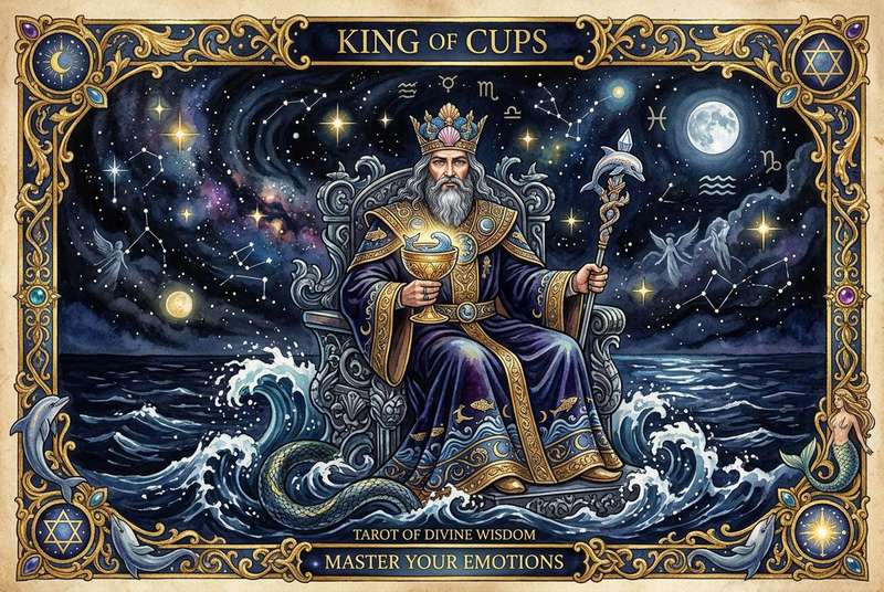 Representación del Rey de Copas en el tarot, figura que simboliza el dominio emocional y la madurez sentimental en la...