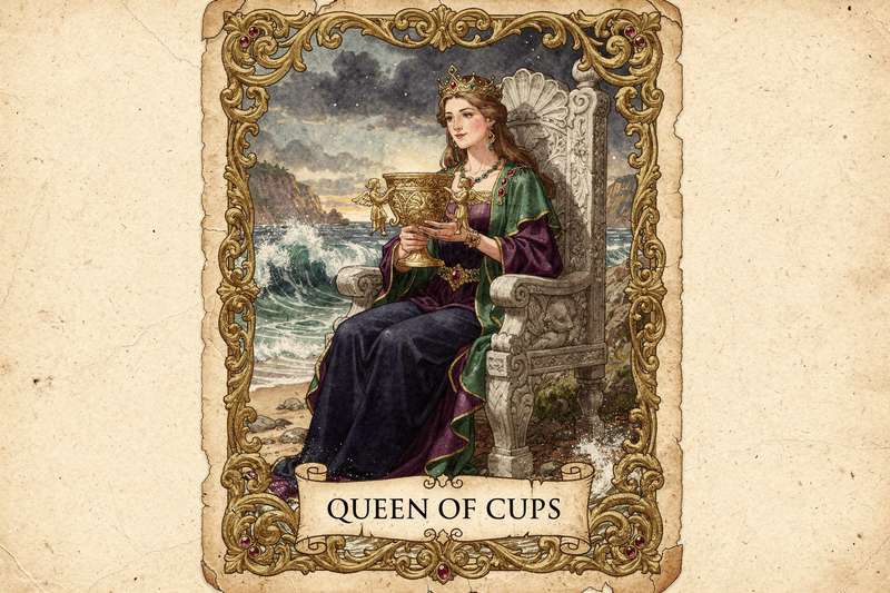 Carta del tarot la Reina de Copas representada con corona y cáliz, simbolizando intuición y emociones profundas.