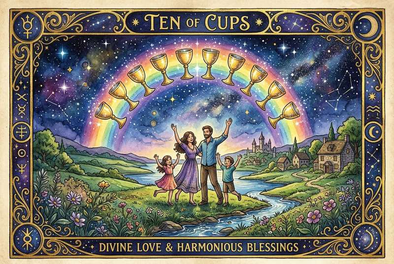 Representación visual de la carta del tarot Diez de Copas mostrando una familia bajo un arco iris con diez copas dispuestas en...
