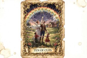 Familia reunida bajo un arco iris junto a diez copas doradas simbolizando plenitud y felicidad familiar.