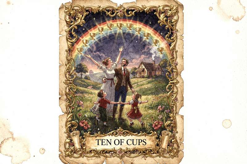 Familia reunida bajo un arco iris junto a diez copas doradas simbolizando plenitud y felicidad familiar.